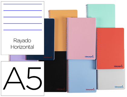 Cuaderno espiral Liderpapel Wonder A5 tapa plástico 80h 90g raya horizontal colores surtidos